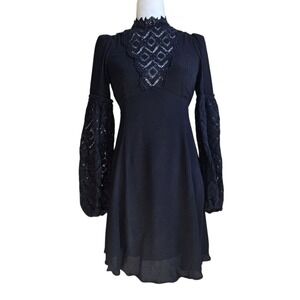 Bytimo XS Black Lasercut Eyelet Lace Puff Sleeve Mini Crepe Party Cocktail Dress